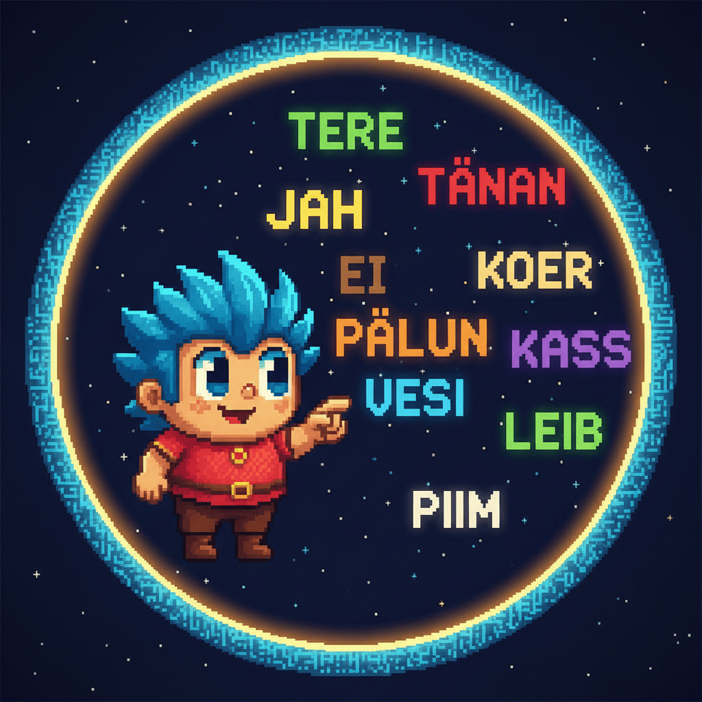Estonian words floating around a character — pixel art