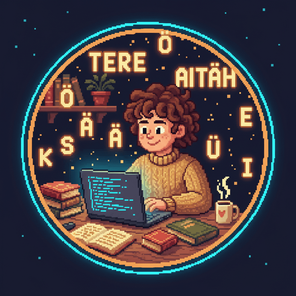 Person studying Estonian at a desk — pixel art